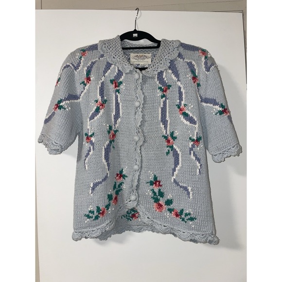 Susan Bristol Sweaters - VTG Susan Bristol Cottagecore Floral Crochet Knit Cardigan Short Sleeve Medium